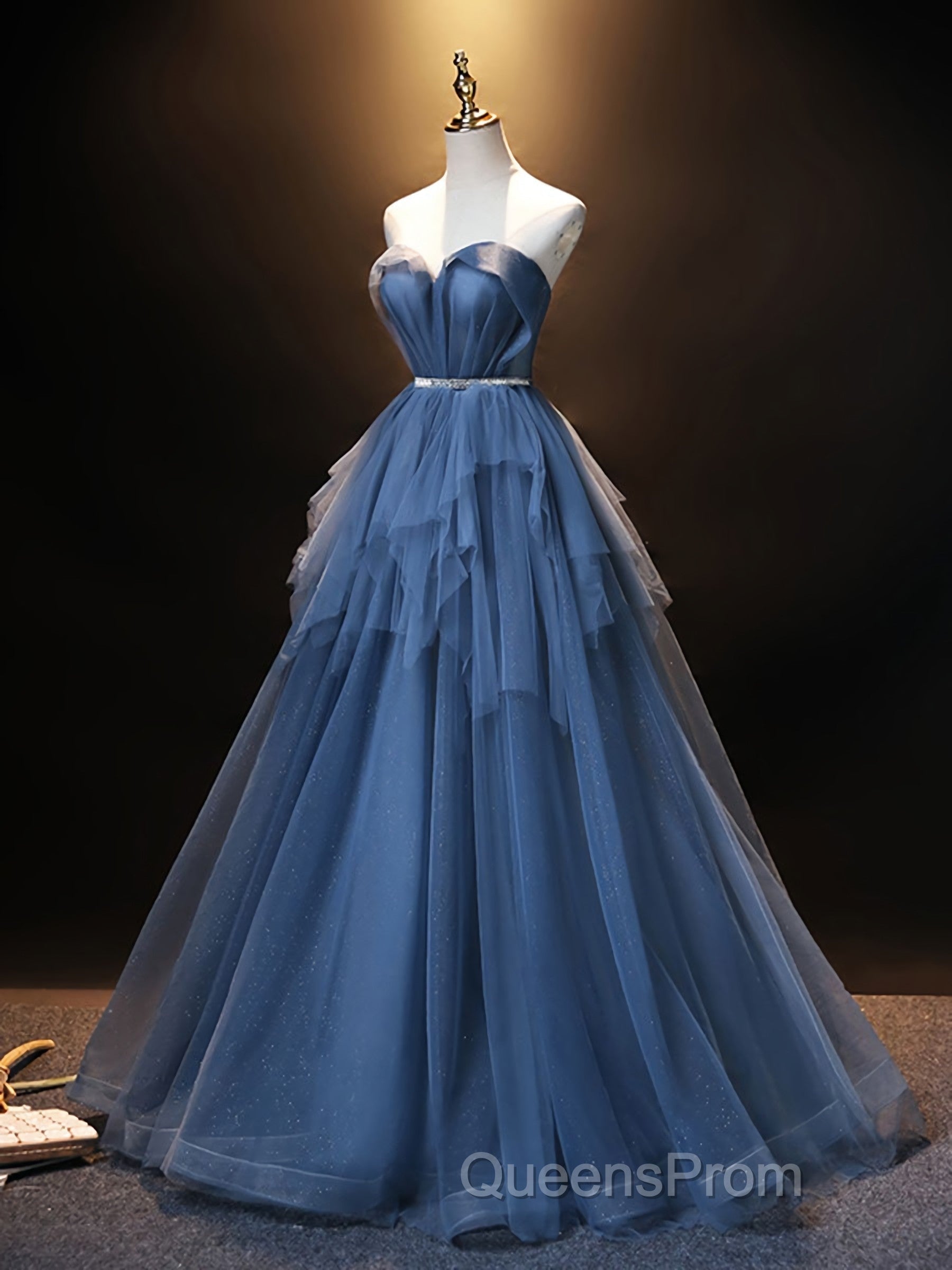 Blue Sweetheart Neck Tulle Long Evening Prom Dress, Blue Evening Dress