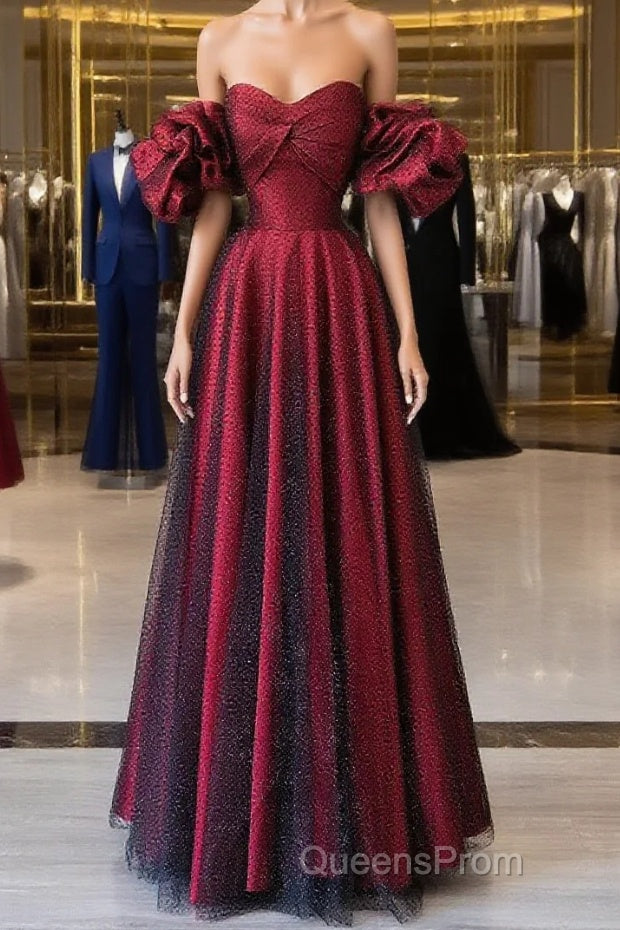 Off Shoulder Wine Red Sweetheart Tulle Evening Prom Dress, A-line Wine Red Evening Dress Main image