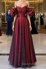 Off Shoulder Wine Red Sweetheart Tulle Evening Prom Dress, A-line Wine Red Evening Dress