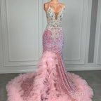 Pink Halter Mermaid Evening Prom Dress with Sequins Beadings and Tulle Ruffle