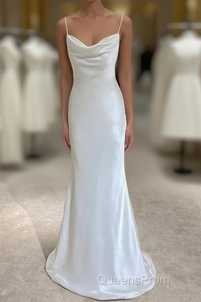 White Soft Satin Straps Simple Long Wedding Party Dress, White Long Evening Dress Main image
