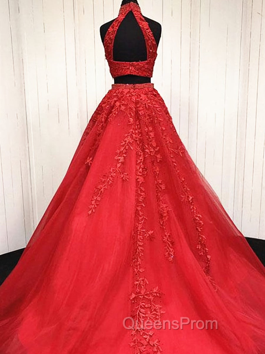 2 Pieces Pink Red Lace Evening Prom Dress, Two Pieces Pink Red Tulle Lace Evening Dress Secondary image