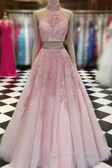 2 Pieces Pink Red Lace Evening Prom Dress, Two Pieces Pink Red Tulle Lace Evening Dress