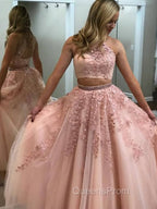 2 Pieces Pink Red Lace Evening Prom Dress, Two Pieces Pink Red Tulle Lace Evening Dress