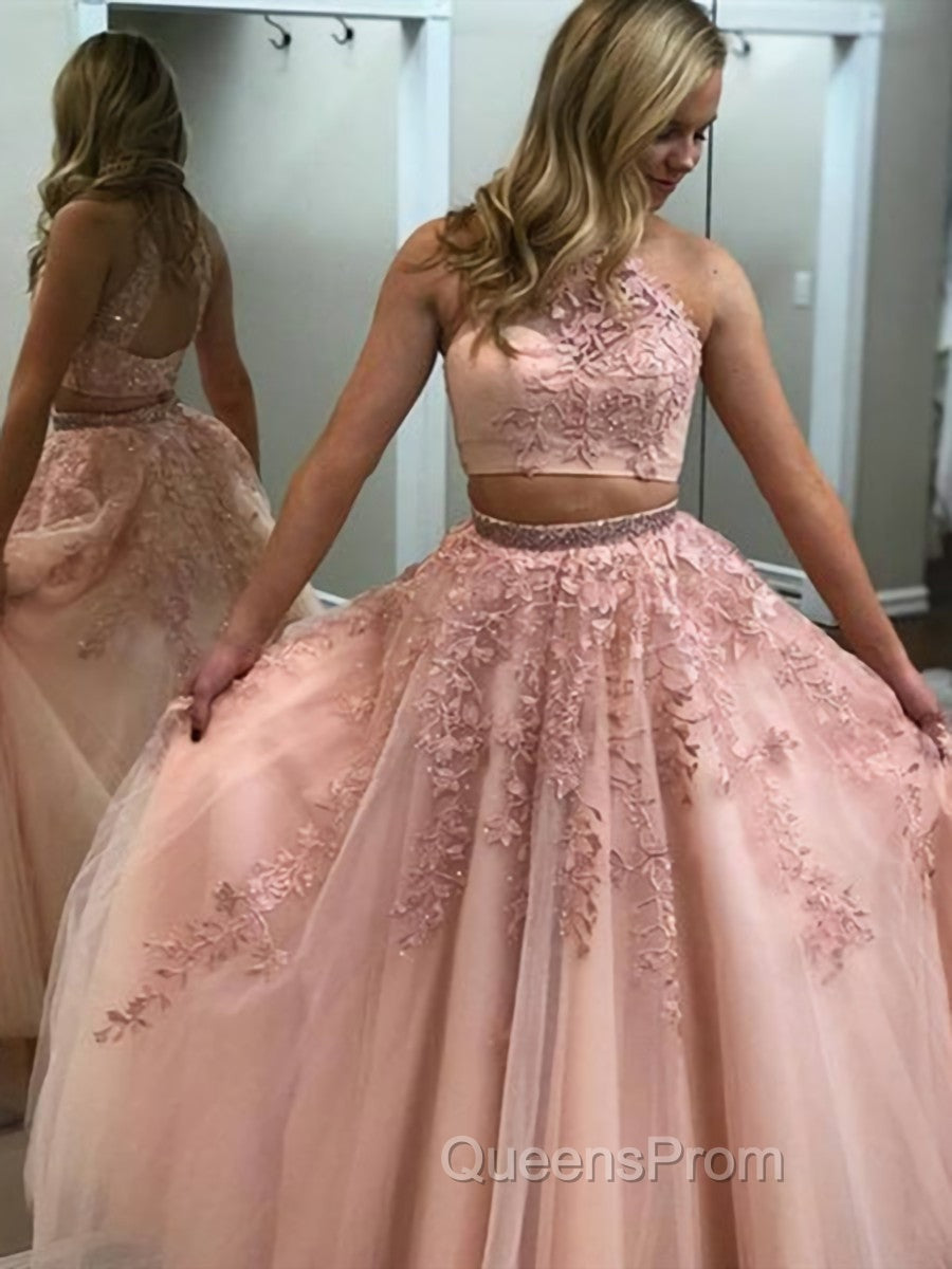 2 Pieces Pink Red Lace Evening Prom Dress, Two Pieces Pink Red Tulle Lace Evening Dress