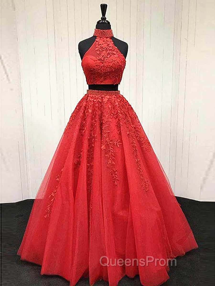 2 Pieces Pink Red Lace Evening Prom Dress, Two Pieces Pink Red Tulle Lace Evening Dress Main image
