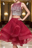 2 Pieces Short Burgundy Evening Prom Dress, Two Pieces Short Wine Red Beaded Graduation Homecoming Dress