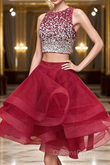 2 Pieces Short Burgundy Evening Prom Dress, Two Pieces Short Wine Red Beaded Graduation Homecoming Dress