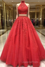 2 Pieces Tulle Lace Evening Prom Dress, Two Pieces Evening Dress