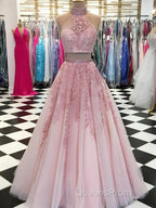 2 Pieces Tulle Lace Evening Prom Dress, Two Pieces Evening Dress