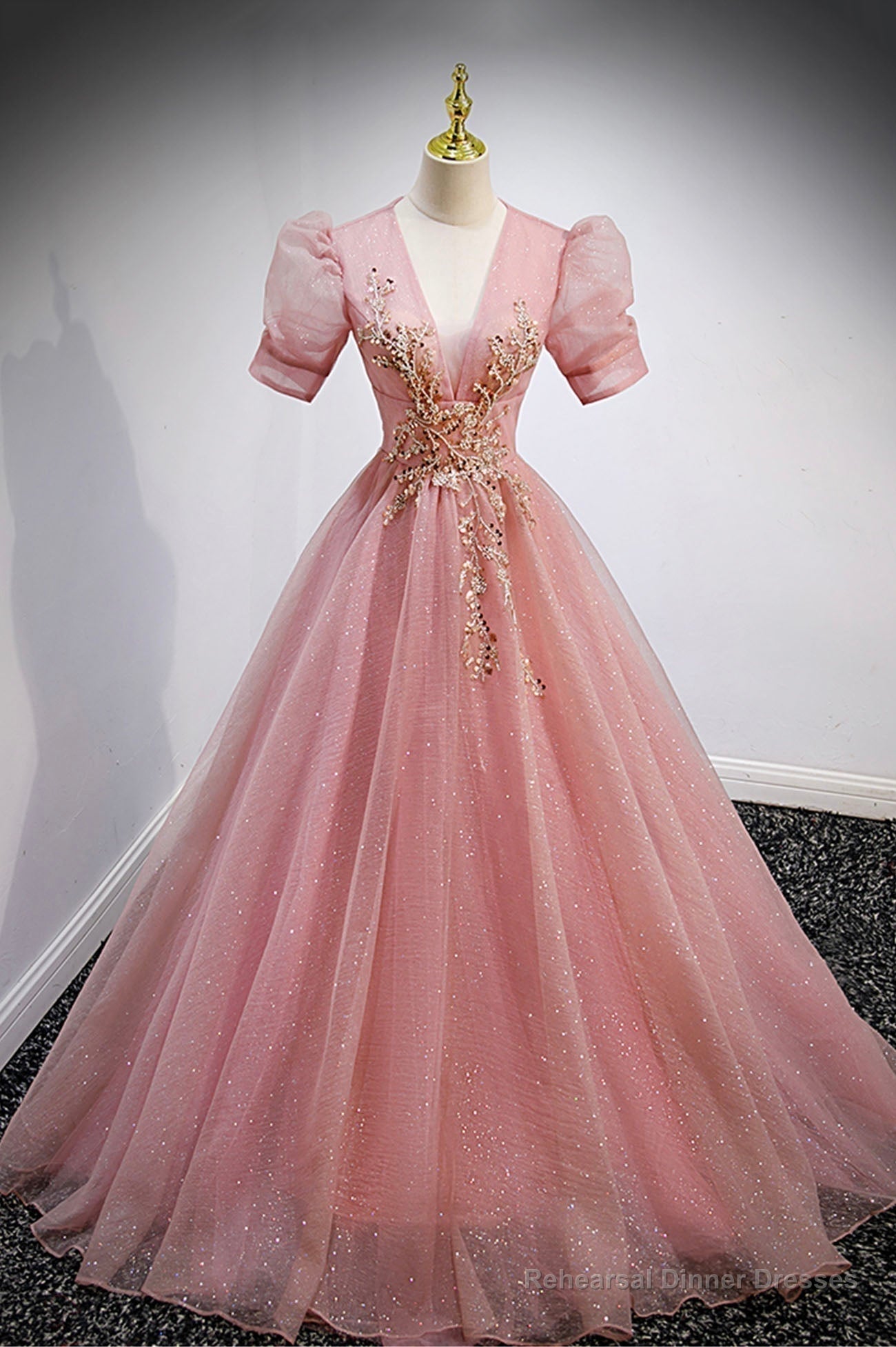 Pink V-Neck Tulle Long Prom Dresses, A-Line Short Sleeve Evening Dresses Main image