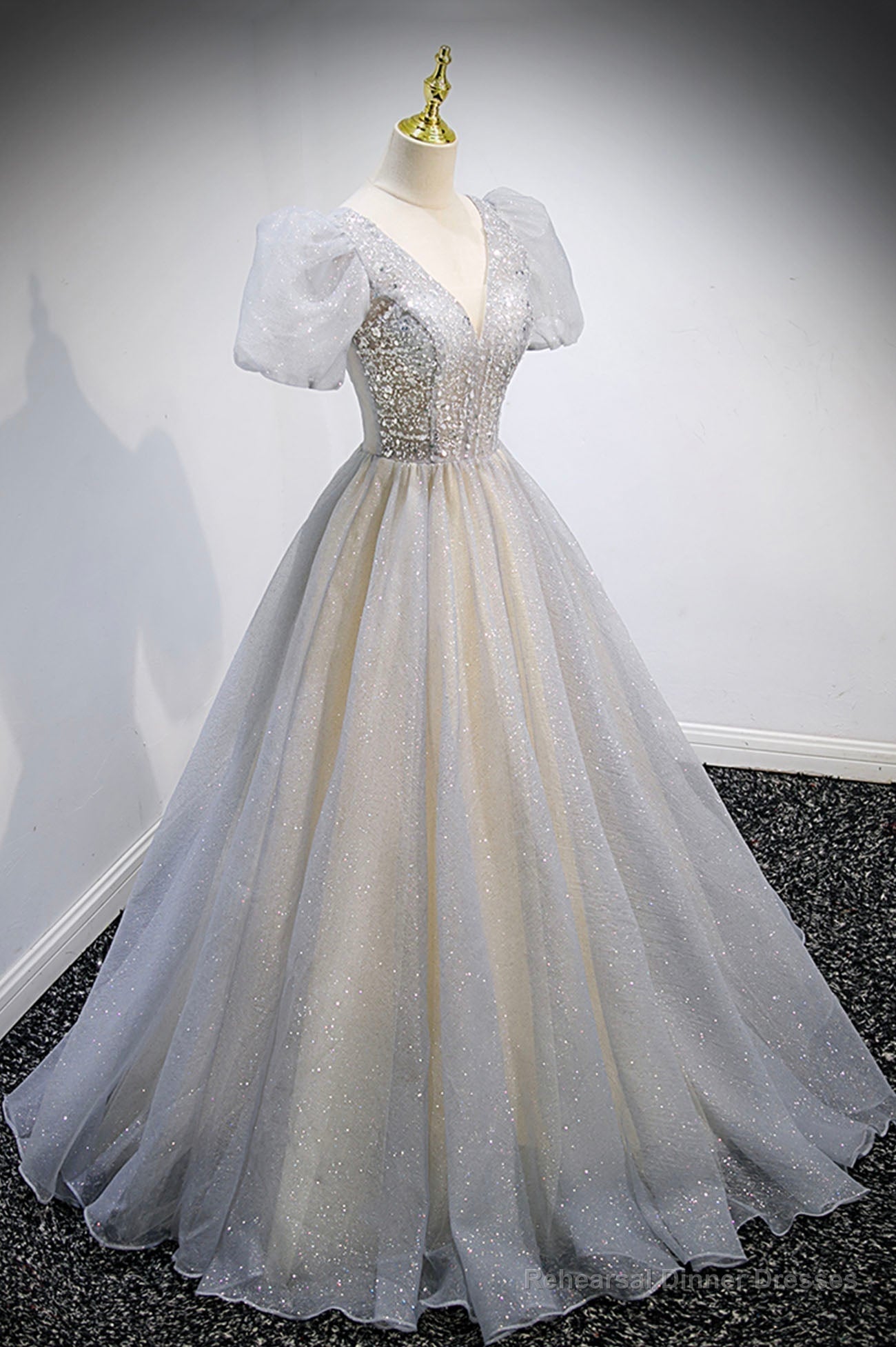Grey V-Neck Tulle Beading Long Prom Dresses, A-Line Evening Dresses Main image