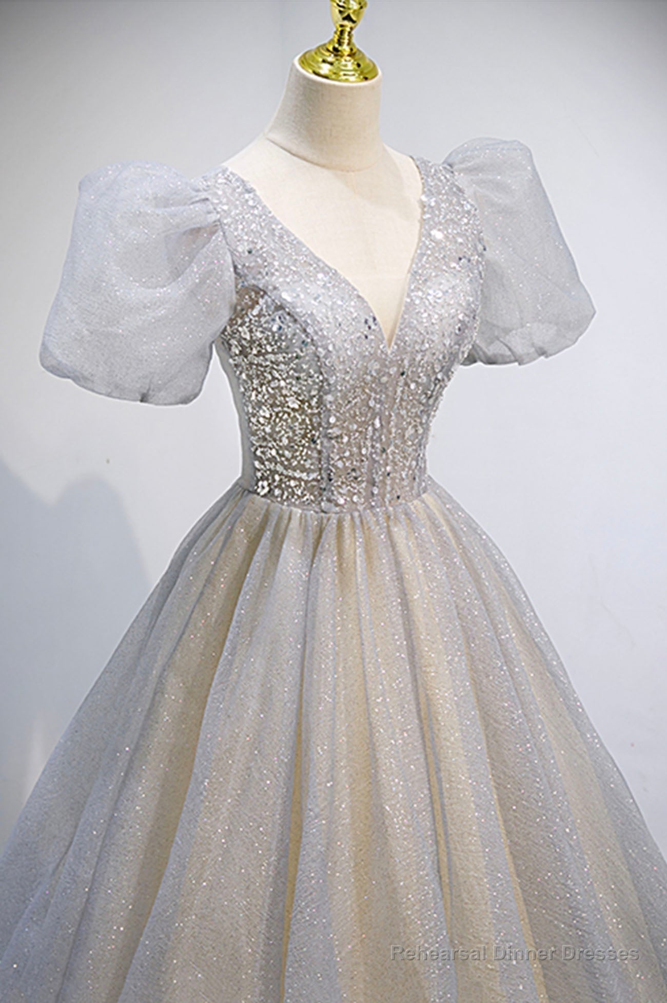 Grey V-Neck Tulle Beading Long Prom Dresses, A-Line Evening Dresses Secondary image
