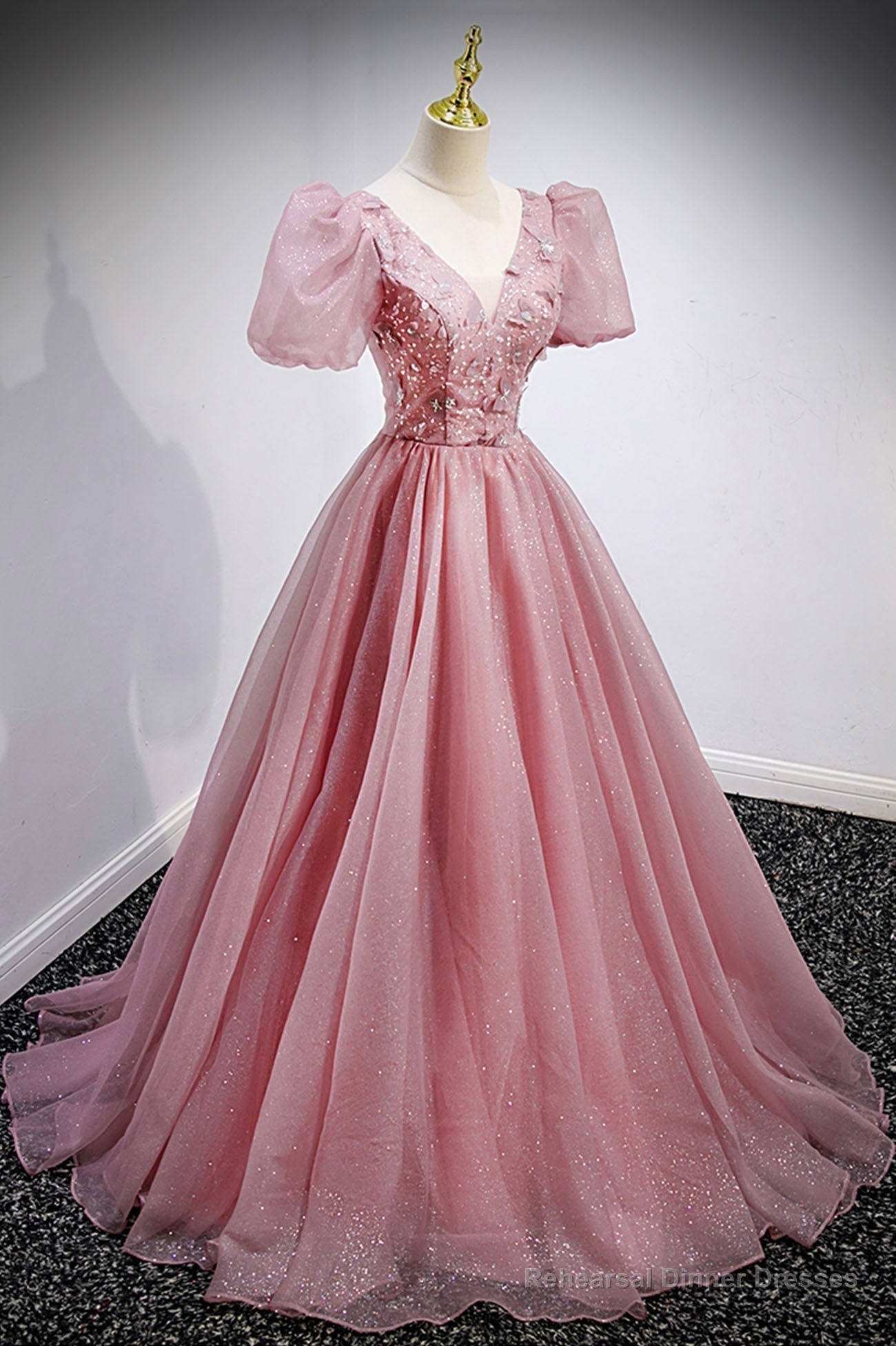 Pink V-Neck Tulle Long Prom Dresses, A-Line Evening Party Dresses