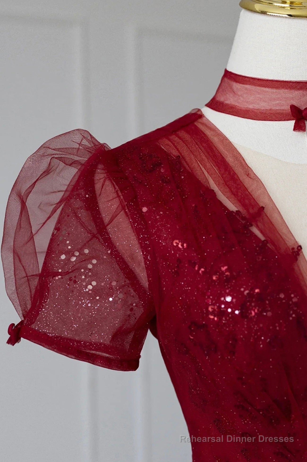 Burgundy Tulle Sequins Tea Length Prom Dress, A-Line Evening Dress Secondary image