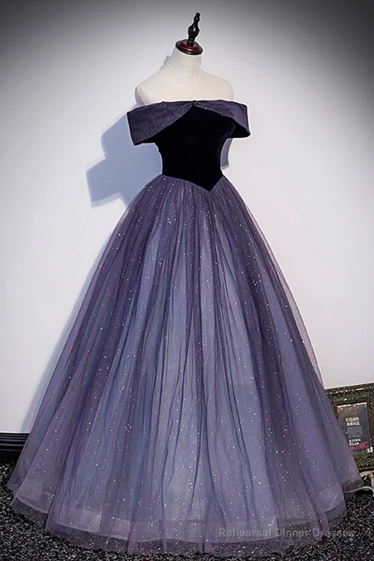 Purple Velvet Tulle Long Prom Dresses, A-Line Off the Shhouler Evening Dresses Main image