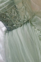 Green Tulle Beaded Ball Gown Off Shoulder Party Dress, Green Sweet 16 Dress