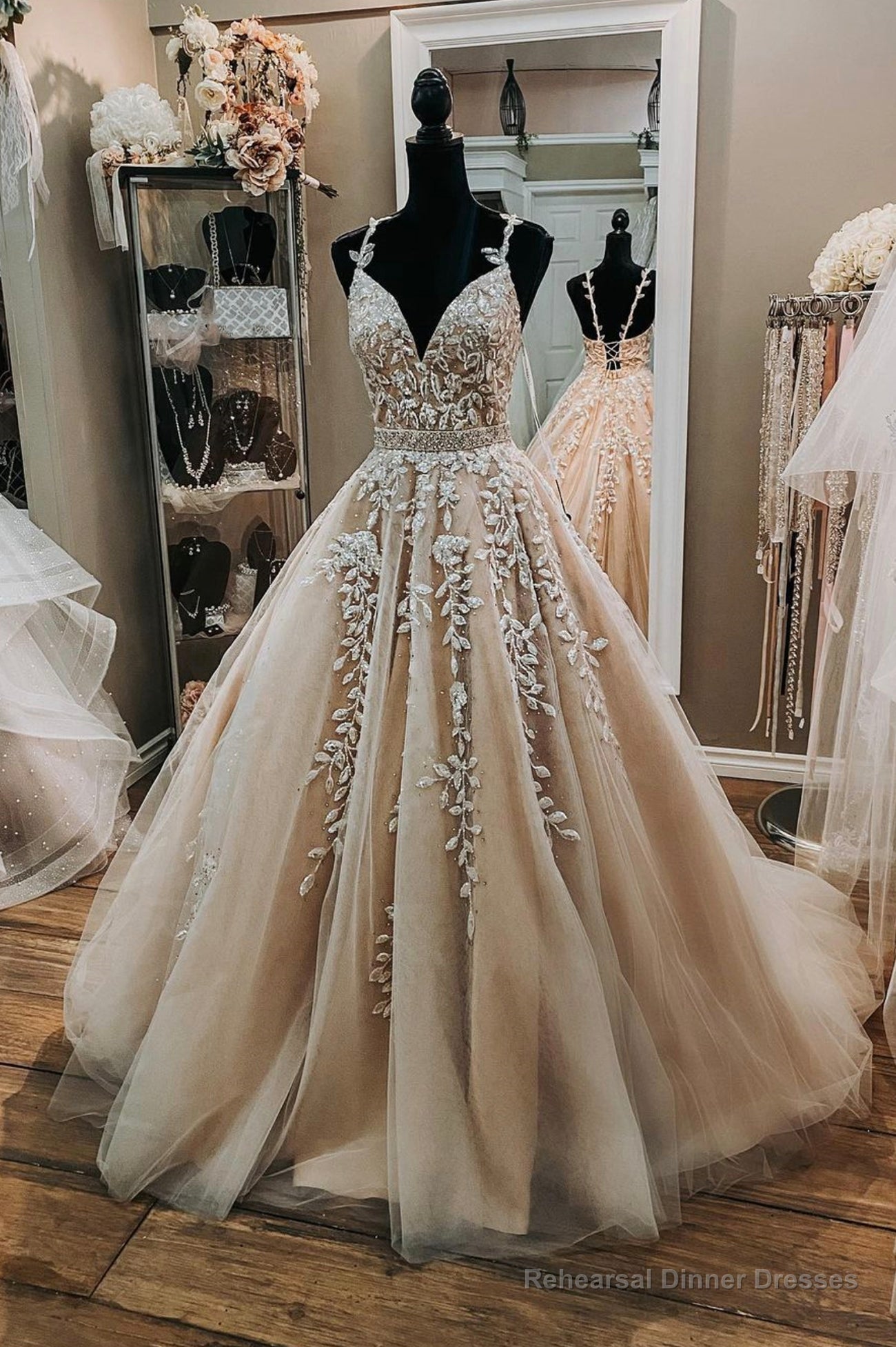 Champagne Tulle Lace Long Prom Dresses, A-Line Formal Evening Dresses Main image