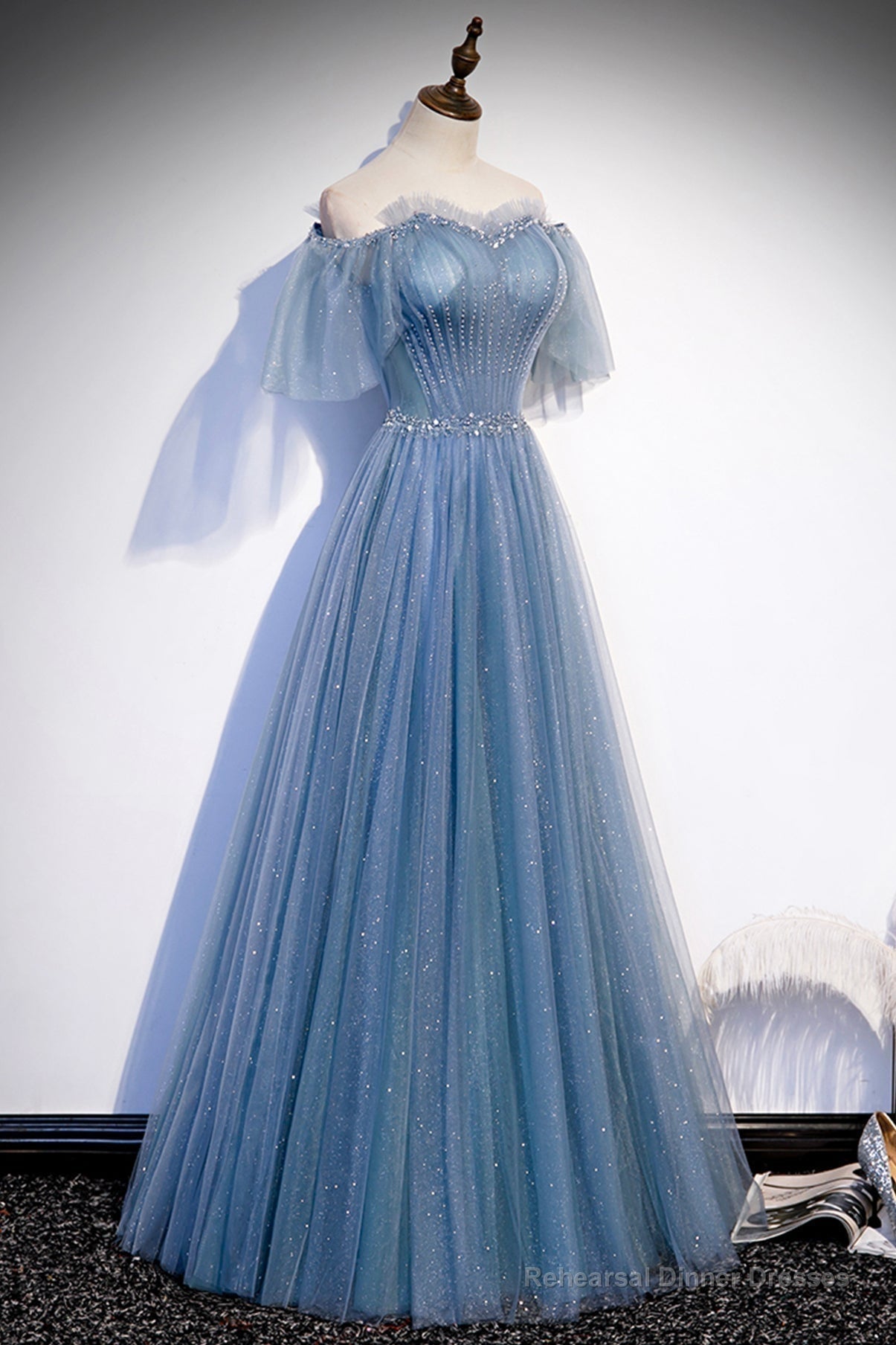 Blue Tulle Beading Long Prom Dresses, A-Line Evening Party Dresses Main image