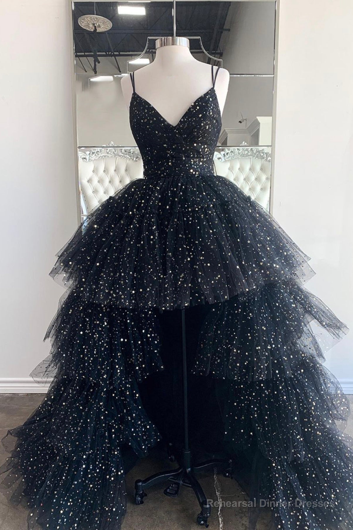 Black V-Neck Tulle Long Prom Dresses, High Low Evening Party Dresses Main image