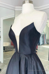 Black Satin Long A-Line Prom Dress, Black Evening Party Dress