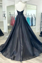 Black Satin Long A-Line Prom Dress, Black Evening Party Dress
