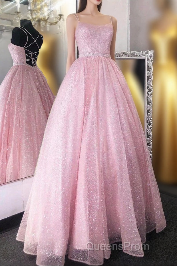 Cute Tulle Sequins Long Evening Prom Dress, A-Line Backless Evening Dress Main image