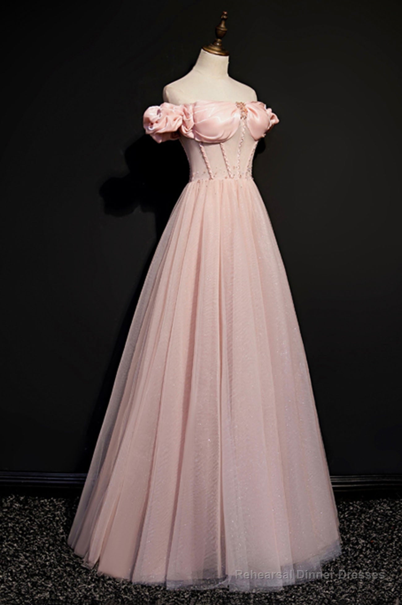 Pink Tulle Off the Shoulder Prom Dress, Beautiful A-Line Evening Dress Main image