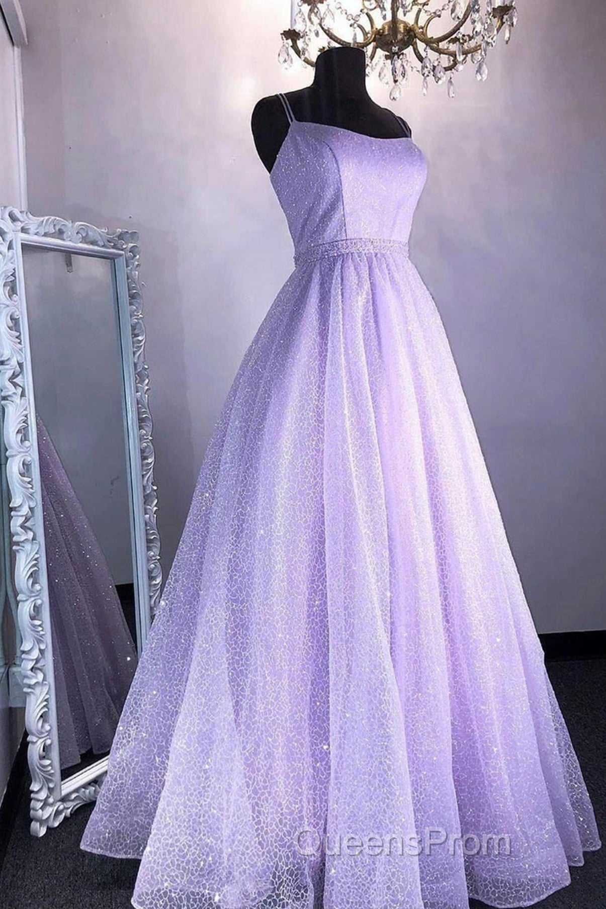 Cute Tulle Sequins Long Evening Prom Dress, A-Line Backless Evening Dress Secondary image