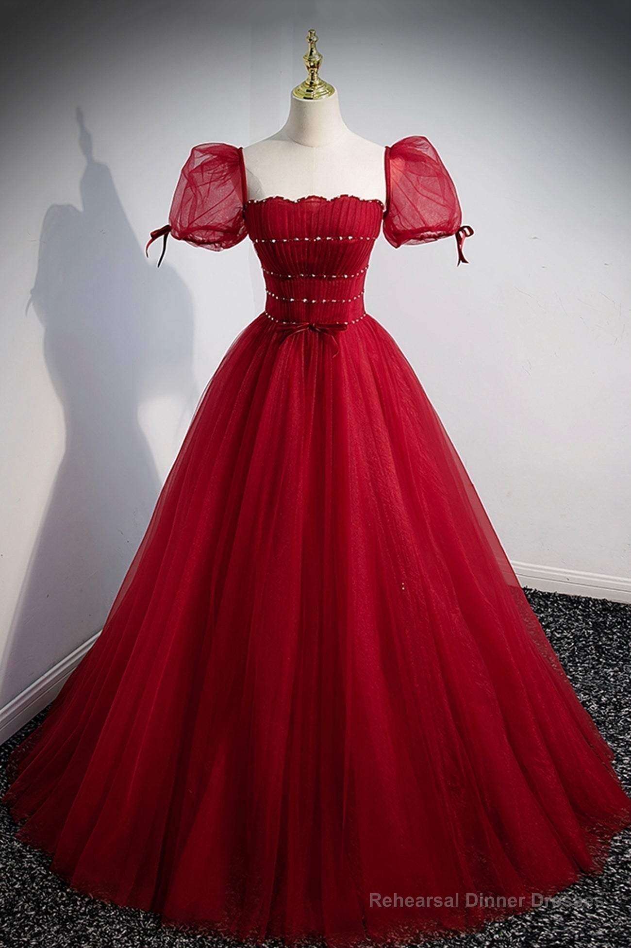Red Beaded Tulle A-Line Long Formal Dress, Red Prom Dress Main image