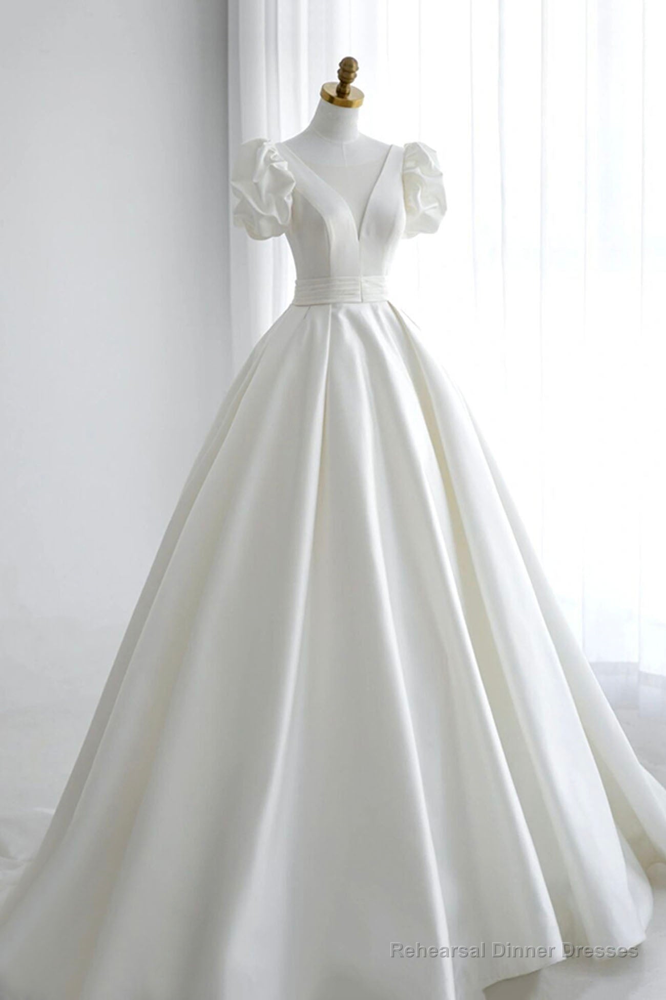 White V-Neck Satin Long Formal Dress, Wedding Formal Dress Secondary image
