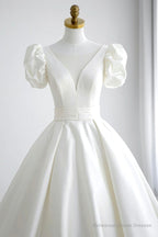White V-Neck Satin Long Formal Dress, Wedding Formal Dress