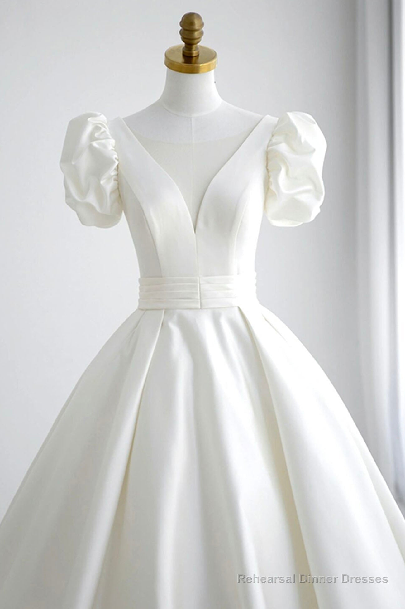 White V-Neck Satin Long Formal Dress, Wedding Formal Dress