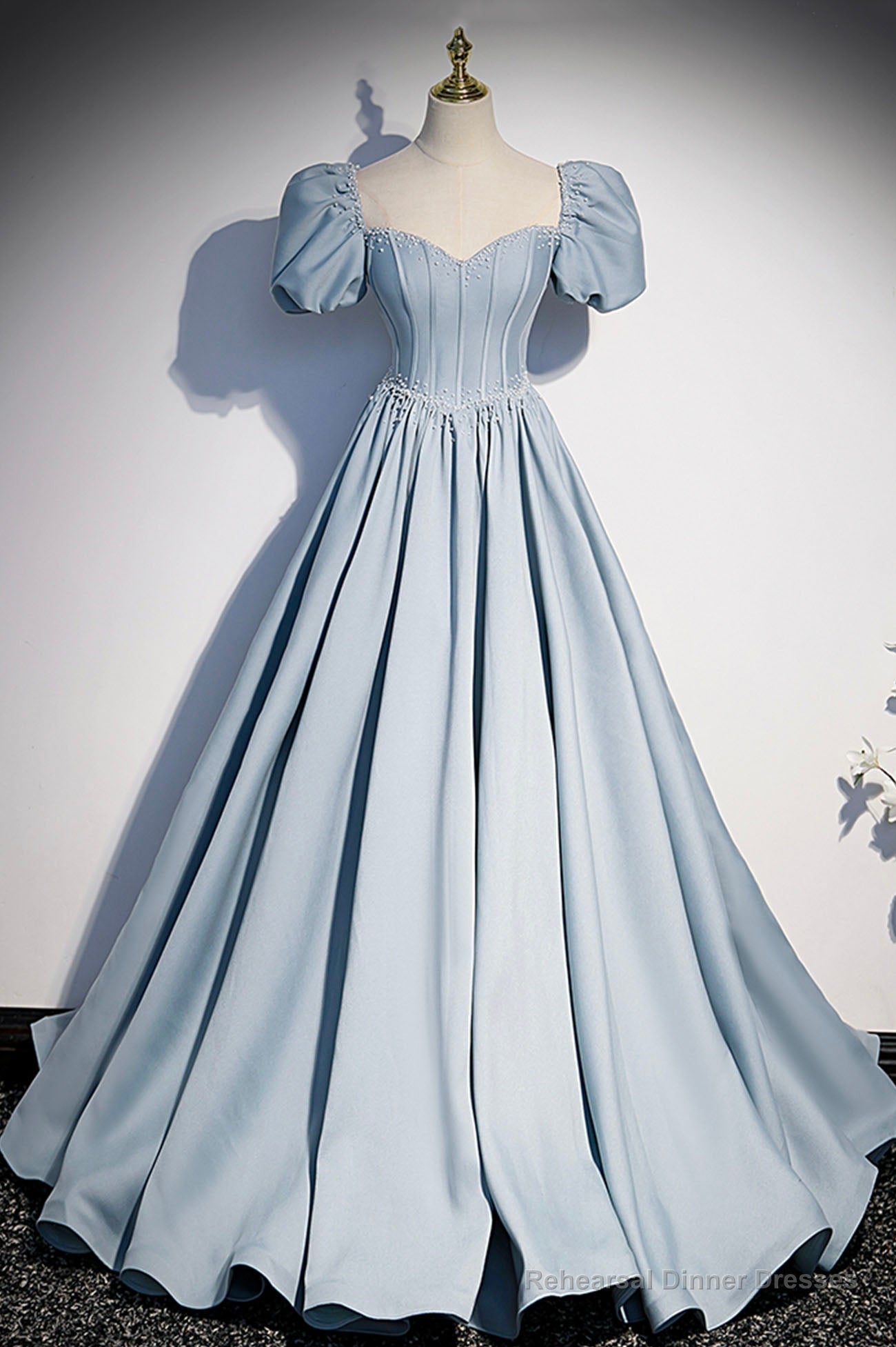 Blue Satin Pearl Long Prom Dress, Blue A-Line Short Sleeve Evening Dress Secondary image