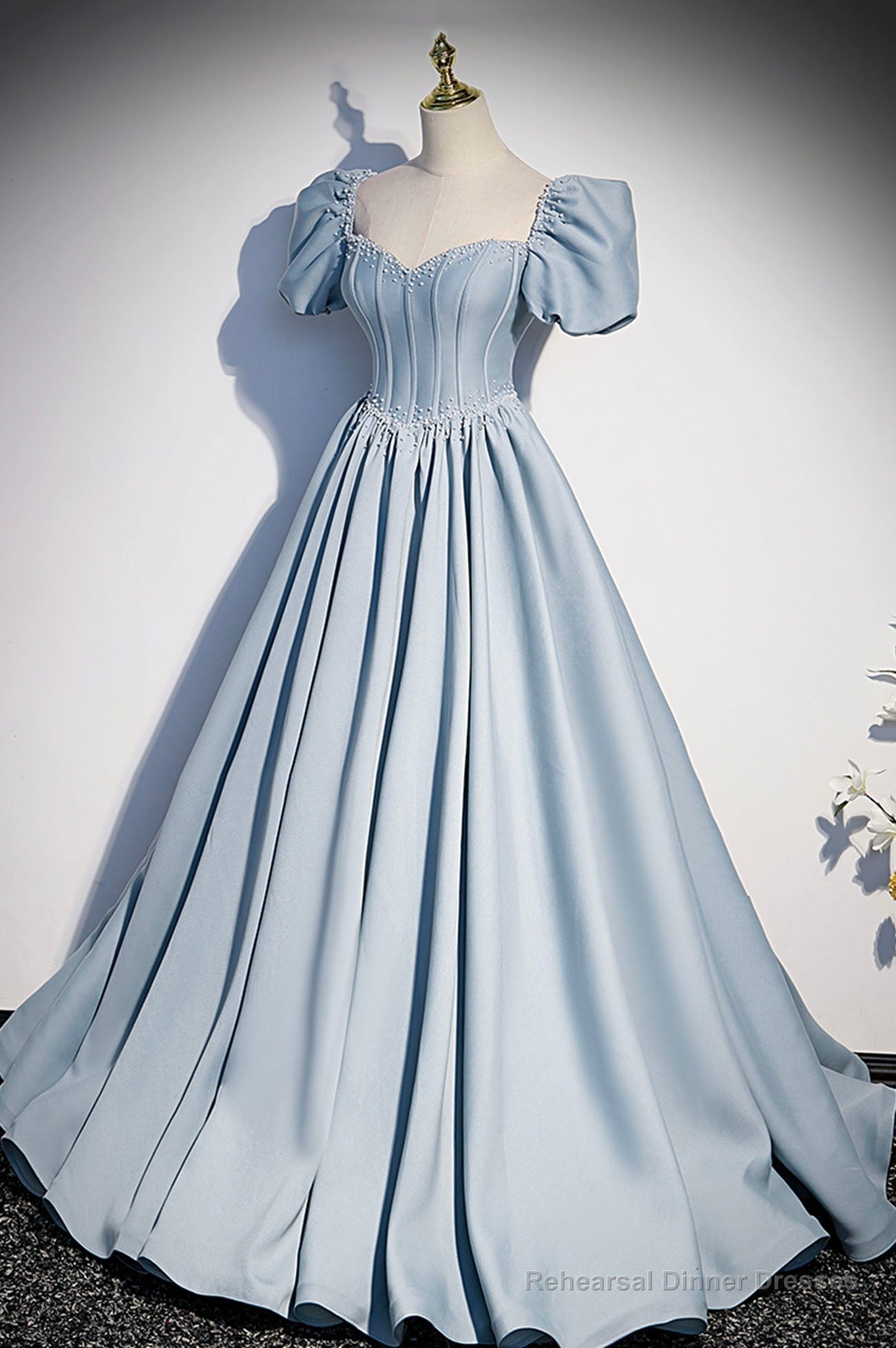 Blue Satin Pearl Long Prom Dress, Blue A-Line Short Sleeve Evening Dress Main image