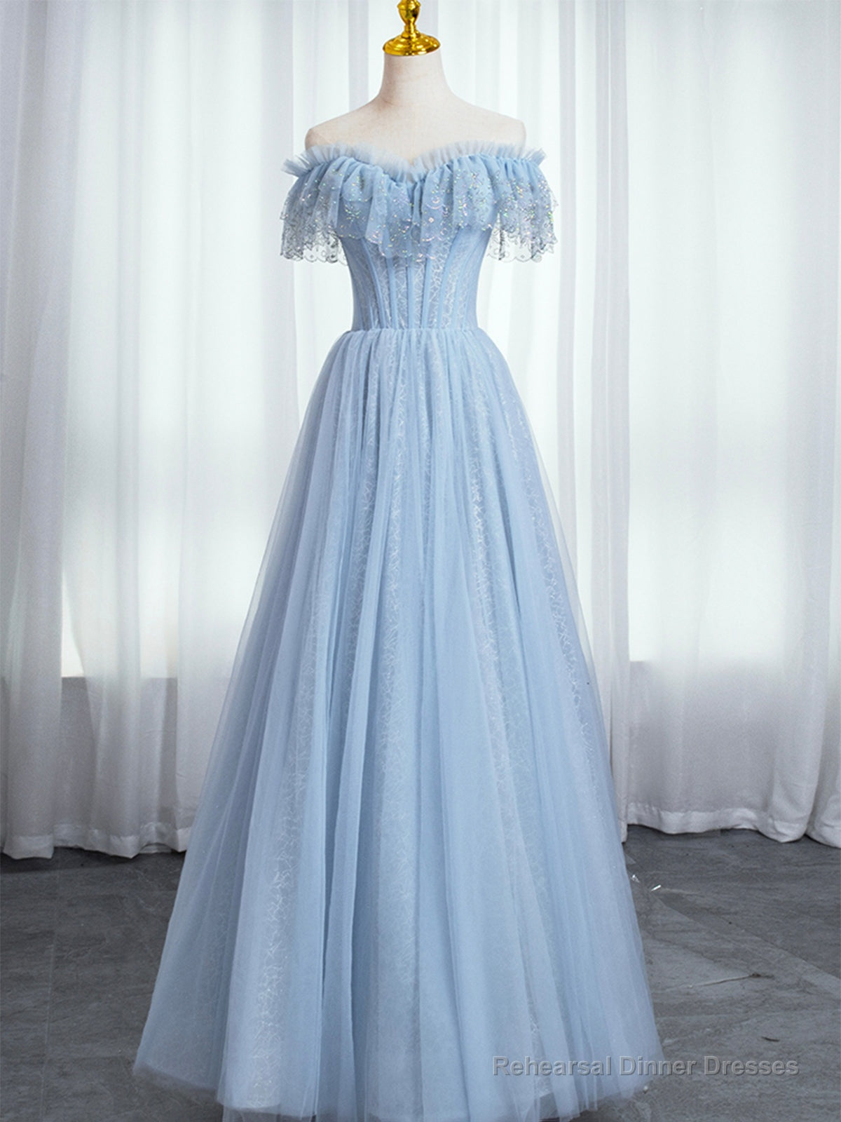 Blue Sweetheart Beaded Off the Shoulder Prom Dress, A-Line Blue Evening Dress Main image