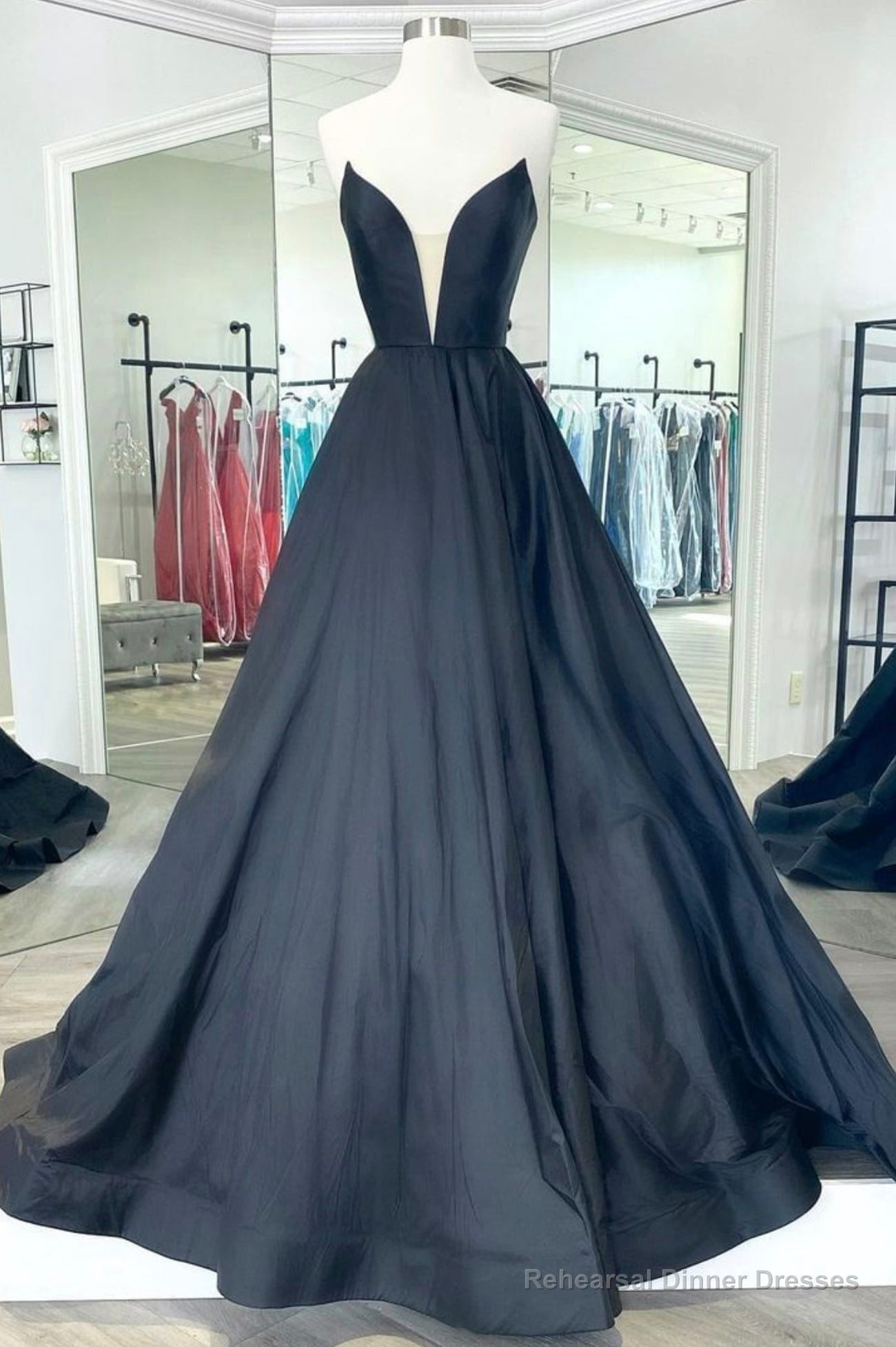 Black Satin Long A-Line Prom Dress, Black Evening Party Dress