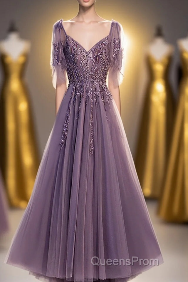 Purple Tulle Lace Long Evening Prom Dress, A-Line Evening Party Dress Main image