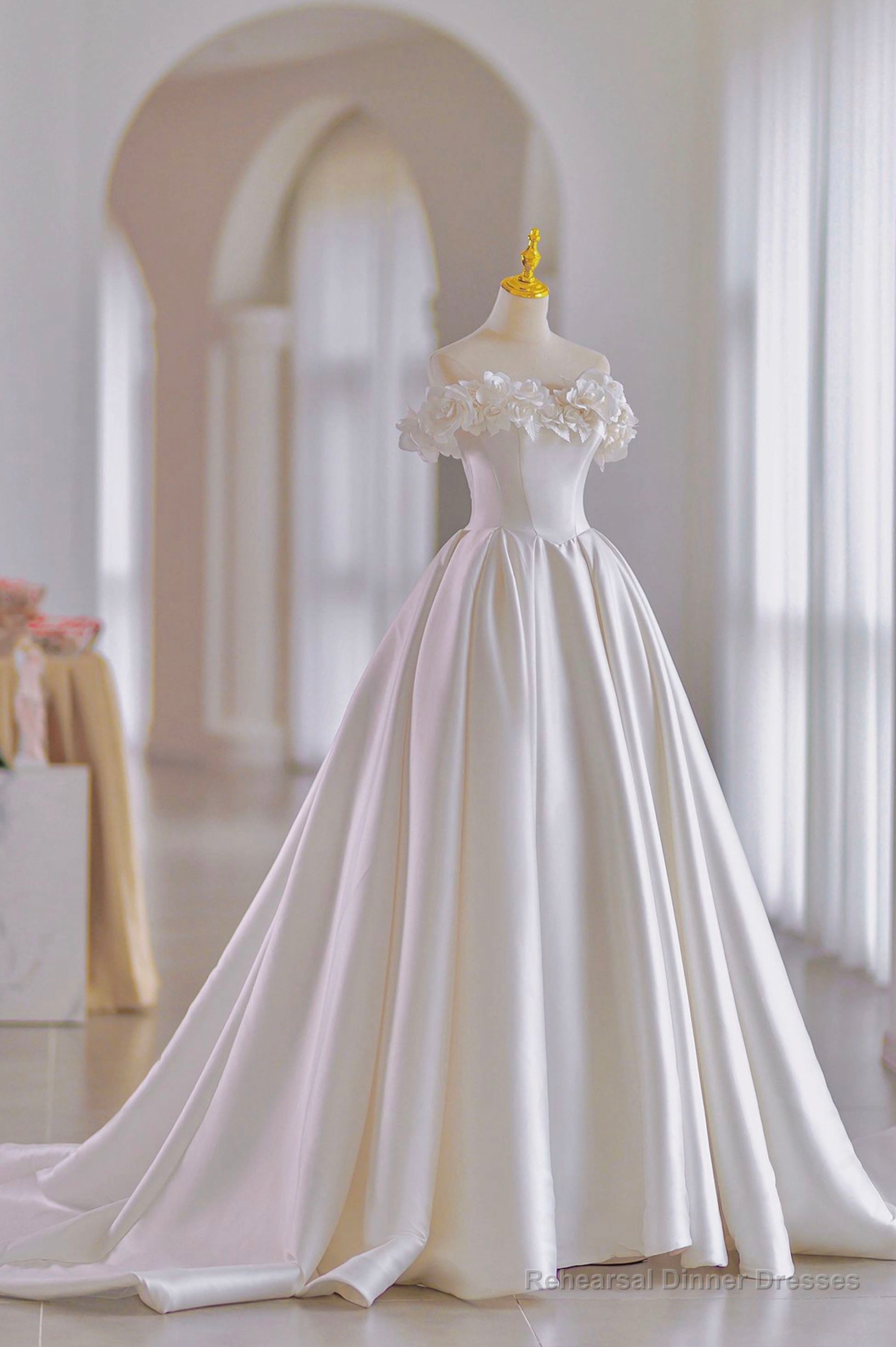 White Satin Long Ball Gown, A-Line Flower Wedding Gown with Bow Main image