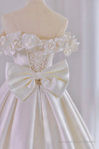 White Satin Long Ball Gown, A-Line Flower Wedding Gown with Bow