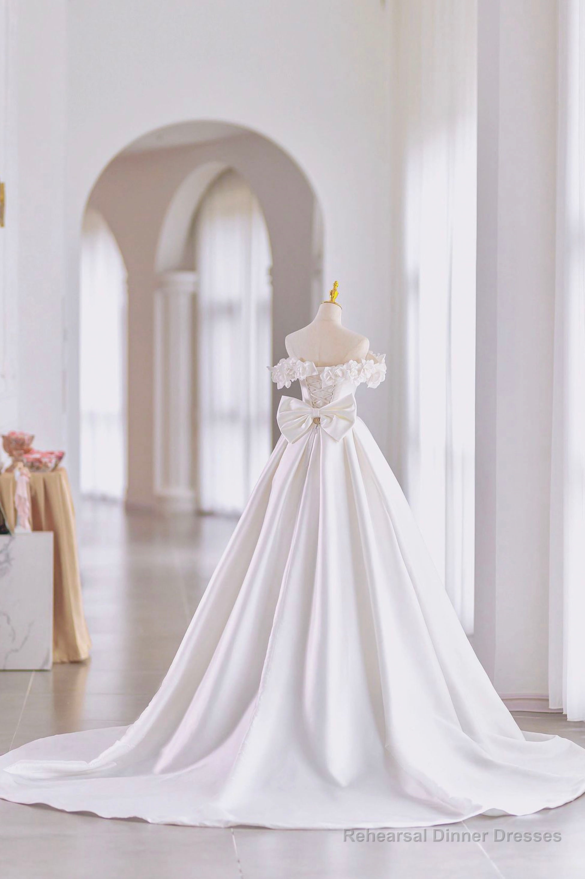 White Satin Long Ball Gown, A-Line Flower Wedding Gown with Bow Secondary image