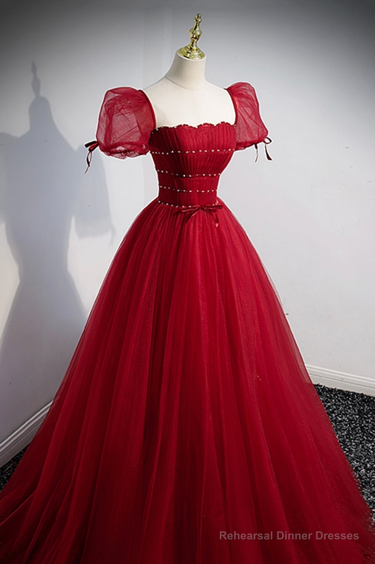 Red Beaded Tulle A-Line Long Formal Dress, Red Prom Dress Secondary image
