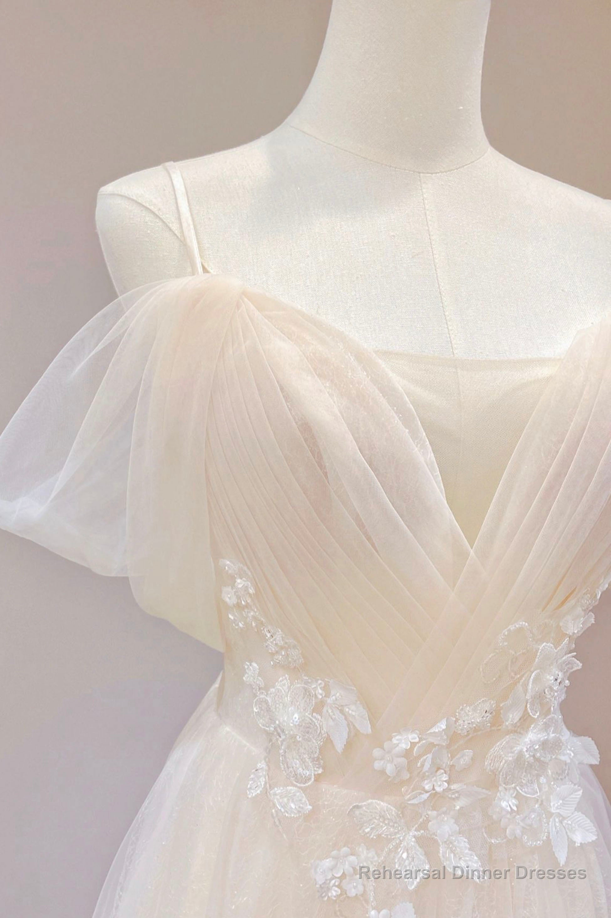 Wedding Dress Flowers Champagne Tulle Long Prom Dress, Lovely Lace