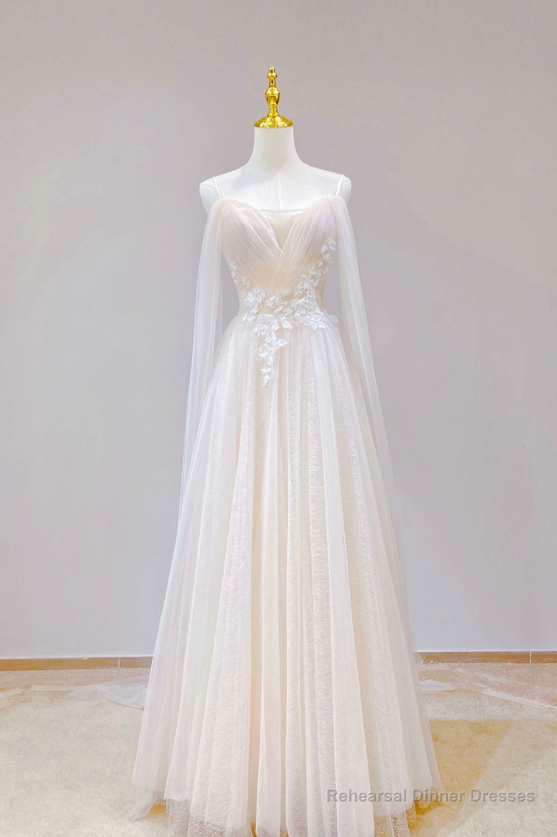 Champagne Tulle Long Prom Dress, Lovely Lace Formal Evening Dress
