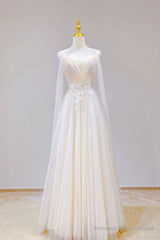 Champagne Tulle Long Prom Dress, Lovely Lace Formal Evening Dress