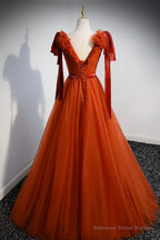Simple V-Neck Tulle Long Prom Dress, A-Line Formal Evening Dress