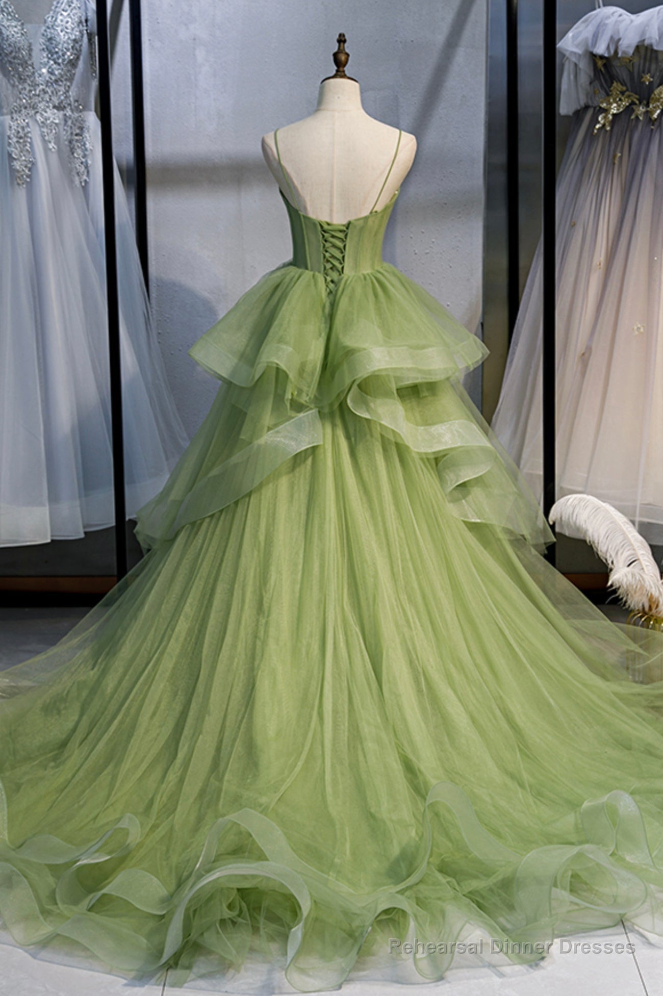 Green Tulle Long Prom Dresses, A-Line Evening Dresses with Train