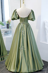 Green Satin A-Line Long Formal Dress, Green Junior Prom Dress
