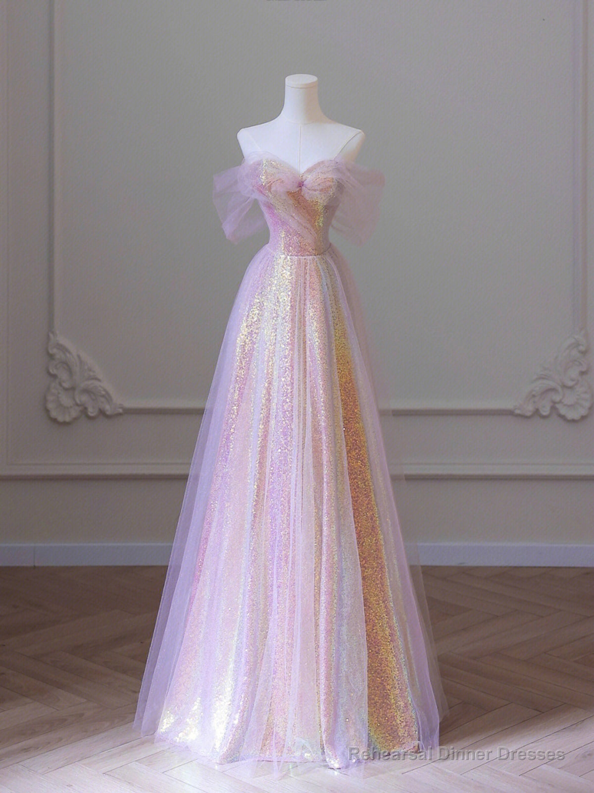 Shiny Tulle Sequins Long Prom Dress, A-Line Off the Shoulder Evening Dress Secondary image
