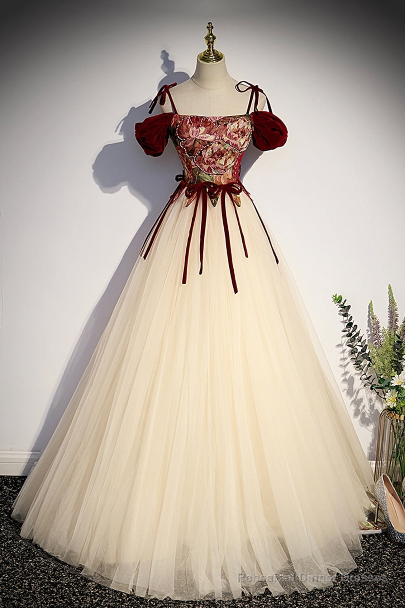 Champagne Tulle Spaghetti Strap Long Prom Dress, A-Line Formal Evening Dress Main image